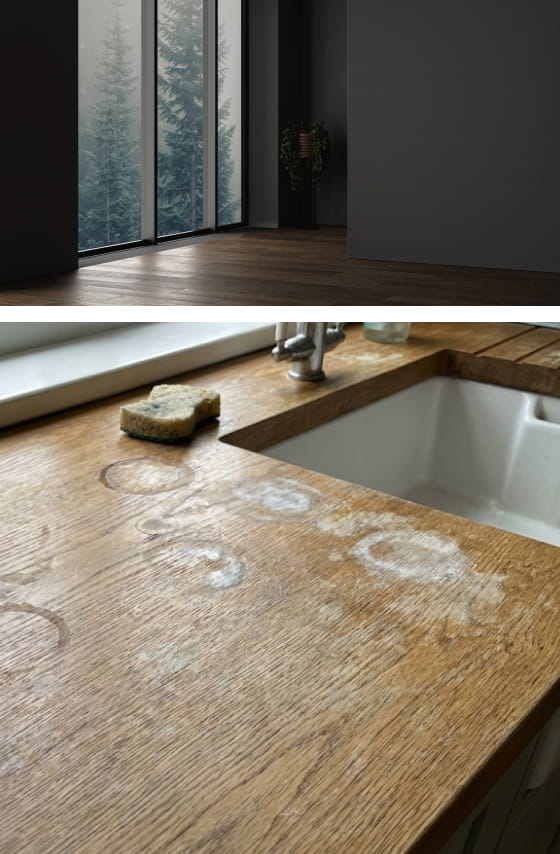 窓に結露がひどく、ガラスが白い水滴で覆われ窓枠も濡れた部屋