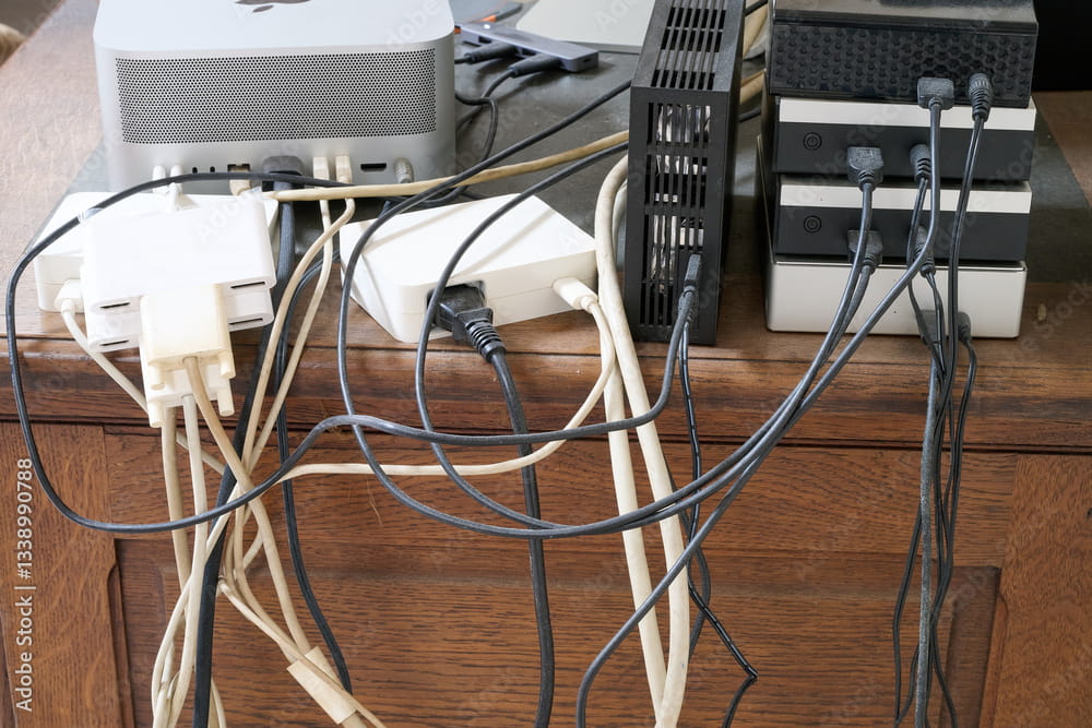 電源タップと絡み合った白黒のケーブル。机下の配線がごちゃついた様子